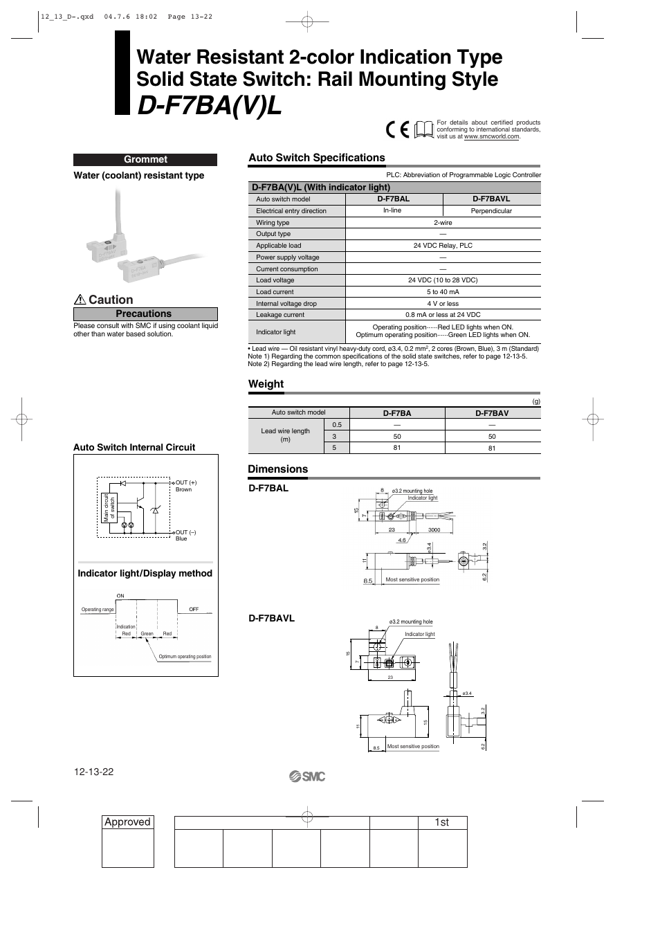Water resistant 2-color indication type, D-f7ba(v)l rail mounting style, D-f7ba(v)l | Caution, Dimensions, Auto switch specifications, Weight, Grommet, Precautions | SMC Networks Reed Switch Solid State Switches User Manual | Page 22 / 27