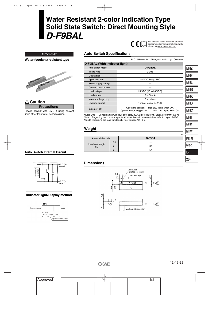 D-f9bal direct mounting style, D-f9bal, Caution | Dimensions, Auto switch specifications, Weight | SMC Networks Reed Switch Solid State Switches User Manual | Page 23 / 27