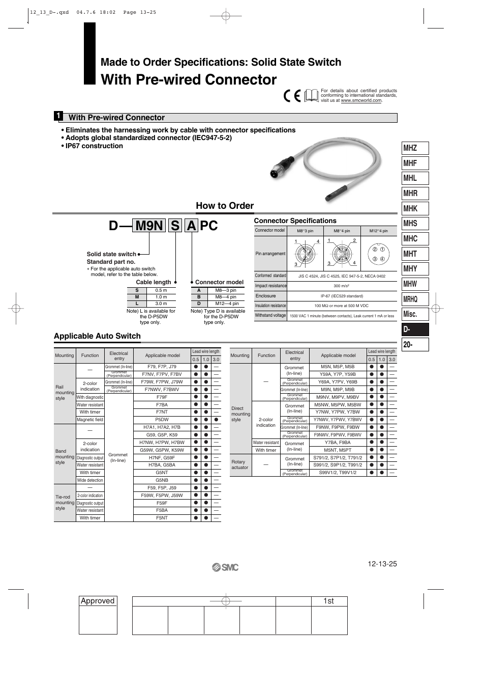 Made to order specifications: solid state switch, With pre-wired connector, D— m9n | S a pc, How to order, Applicable auto switch, With pre-wired connector 1, Connector specifications | SMC Networks Reed Switch Solid State Switches User Manual | Page 25 / 27