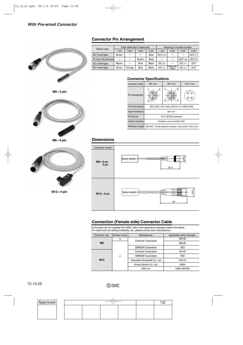 Connector pin arrangement dimensions, Connection (female side) connector cable, 1st with pre-wired connector | Connector specifications | SMC Networks Reed Switch Solid State Switches User Manual | Page 26 / 27