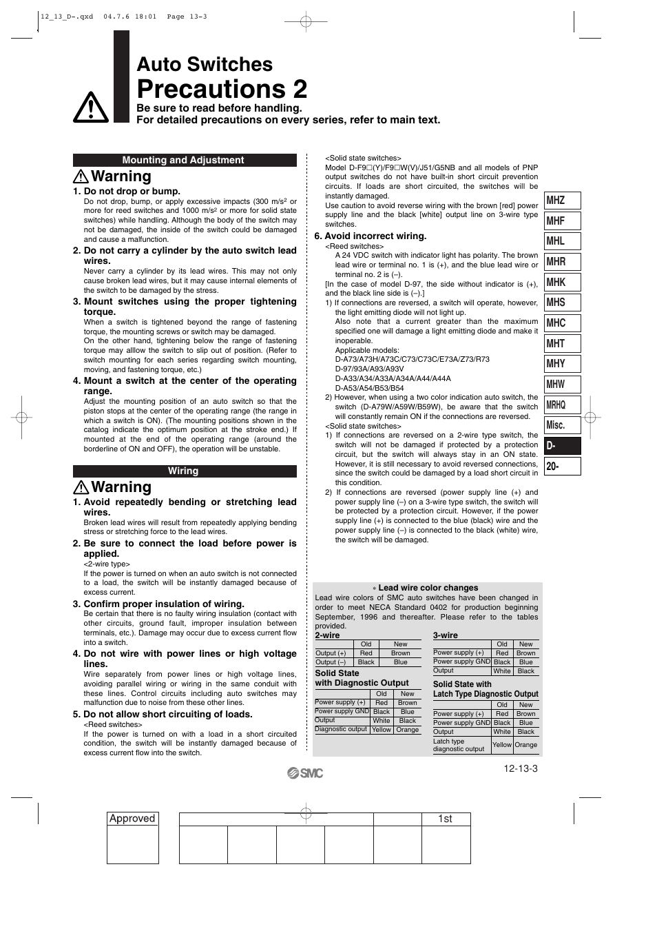 Precautions 2, Auto switches, Warning | SMC Networks Reed Switch Solid State Switches User Manual | Page 3 / 27