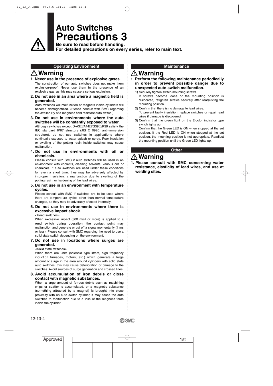 Precautions 3, Auto switches, Warning | SMC Networks Reed Switch Solid State Switches User Manual | Page 4 / 27