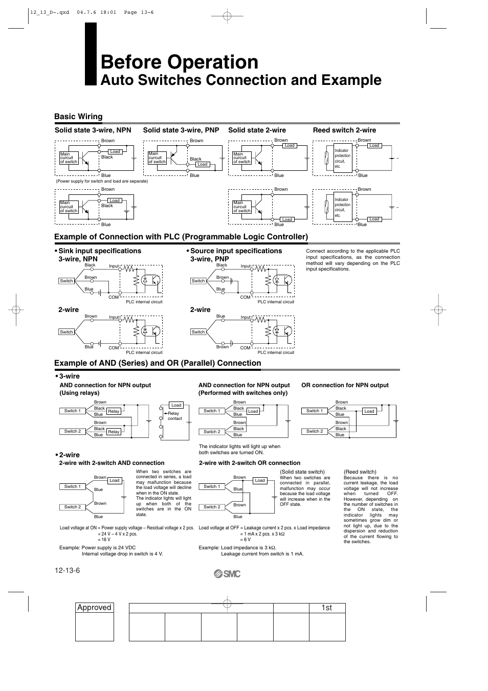 Auto switches connection and example, Before operation, Reed switch 2-wire | Wire | SMC Networks Reed Switch Solid State Switches User Manual | Page 6 / 27