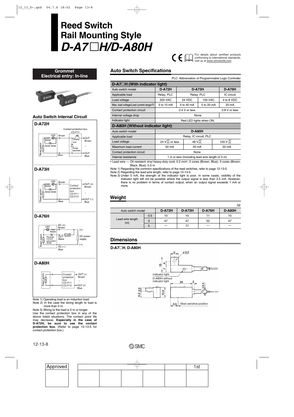 D-a7xh/d-a80h rail mounting style, D-a7, H/d-a80h | Reed switch rail mounting style, Auto switch specifications dimensions, Weight, Grommet electrical entry: in-line | SMC Networks Reed Switch Solid State Switches User Manual | Page 8 / 27