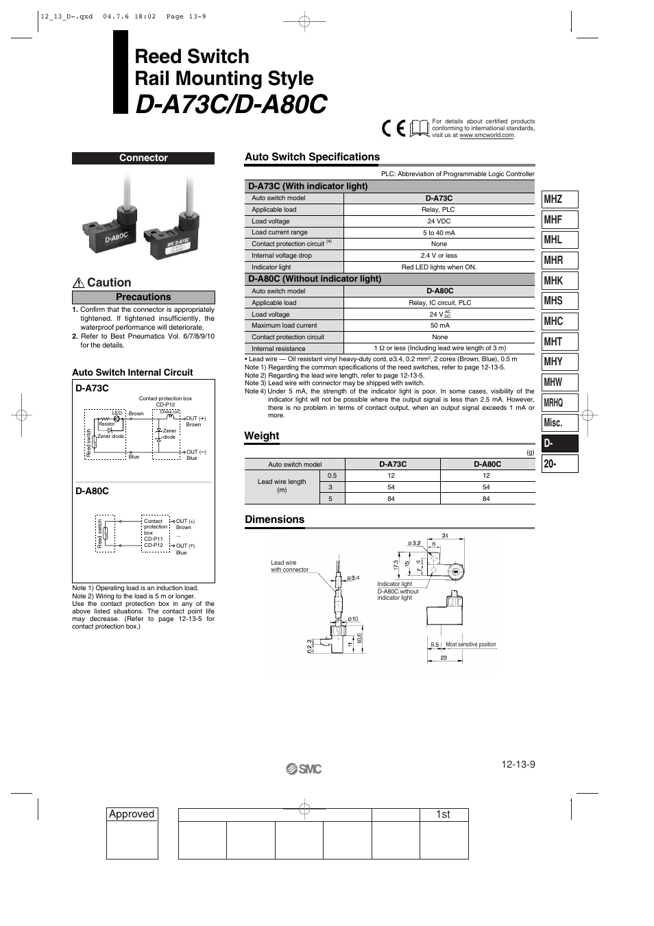 D-a73c/d-a80c rail mounting style, D-a73c/d-a80c, Reed switch rail mounting style | Caution, Auto switch specifications dimensions, Weight, Connector, Precautions | SMC Networks Reed Switch Solid State Switches User Manual | Page 9 / 27