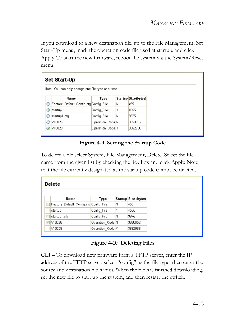 Figure 4-9, Setting the startup code -19, Figure 4-10 deleting files -19 | SMC Networks TigerAccess SMC7816M User Manual | Page 101 / 962