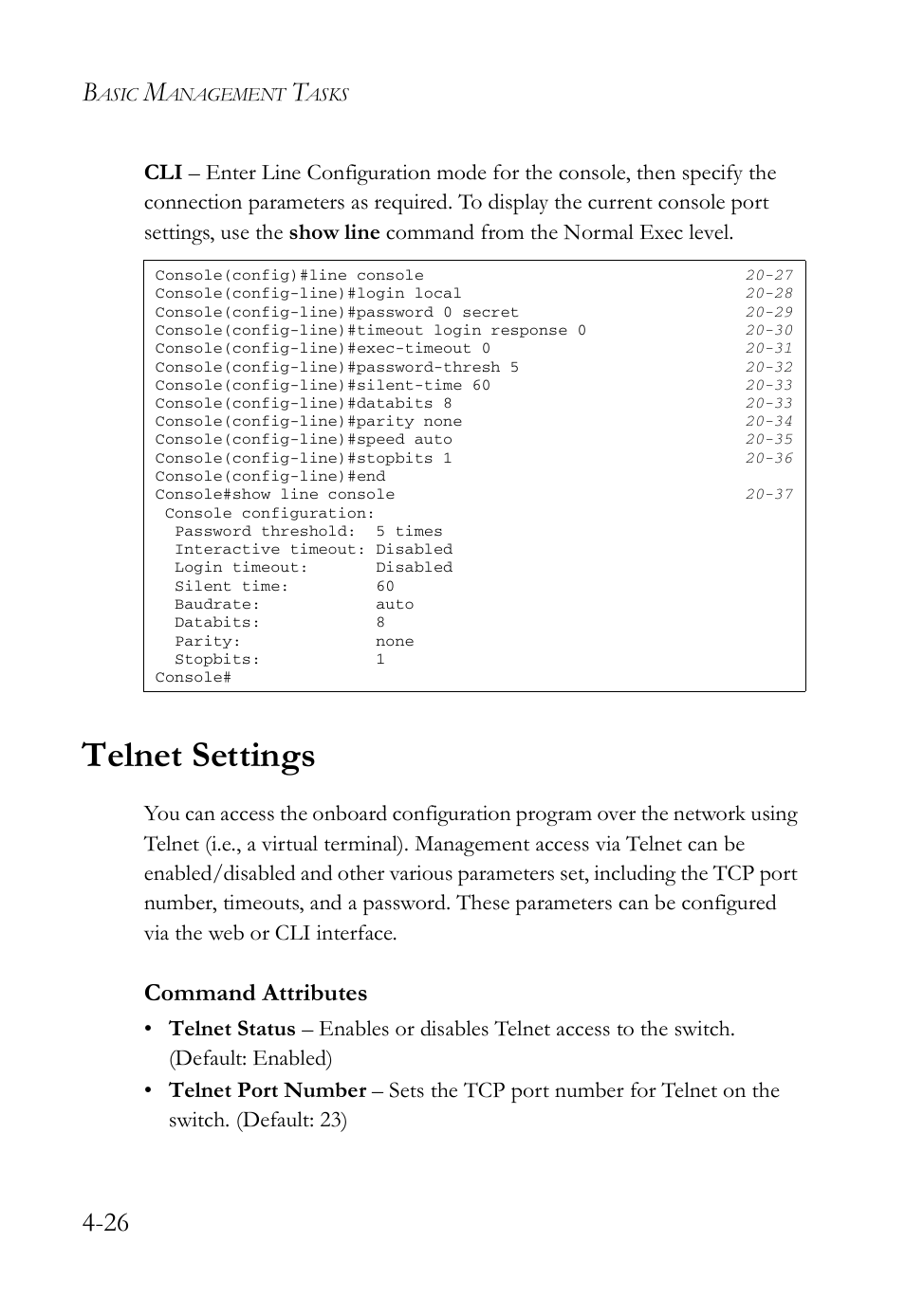 Telnet settings, Telnet settings -26, Command attributes | SMC Networks TigerAccess SMC7816M User Manual | Page 108 / 962