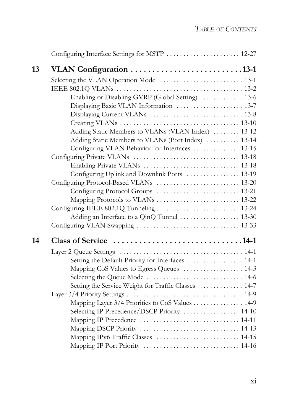 13 vlan configuration -1, 14 class of service -1 | SMC Networks TigerAccess SMC7816M User Manual | Page 11 / 962
