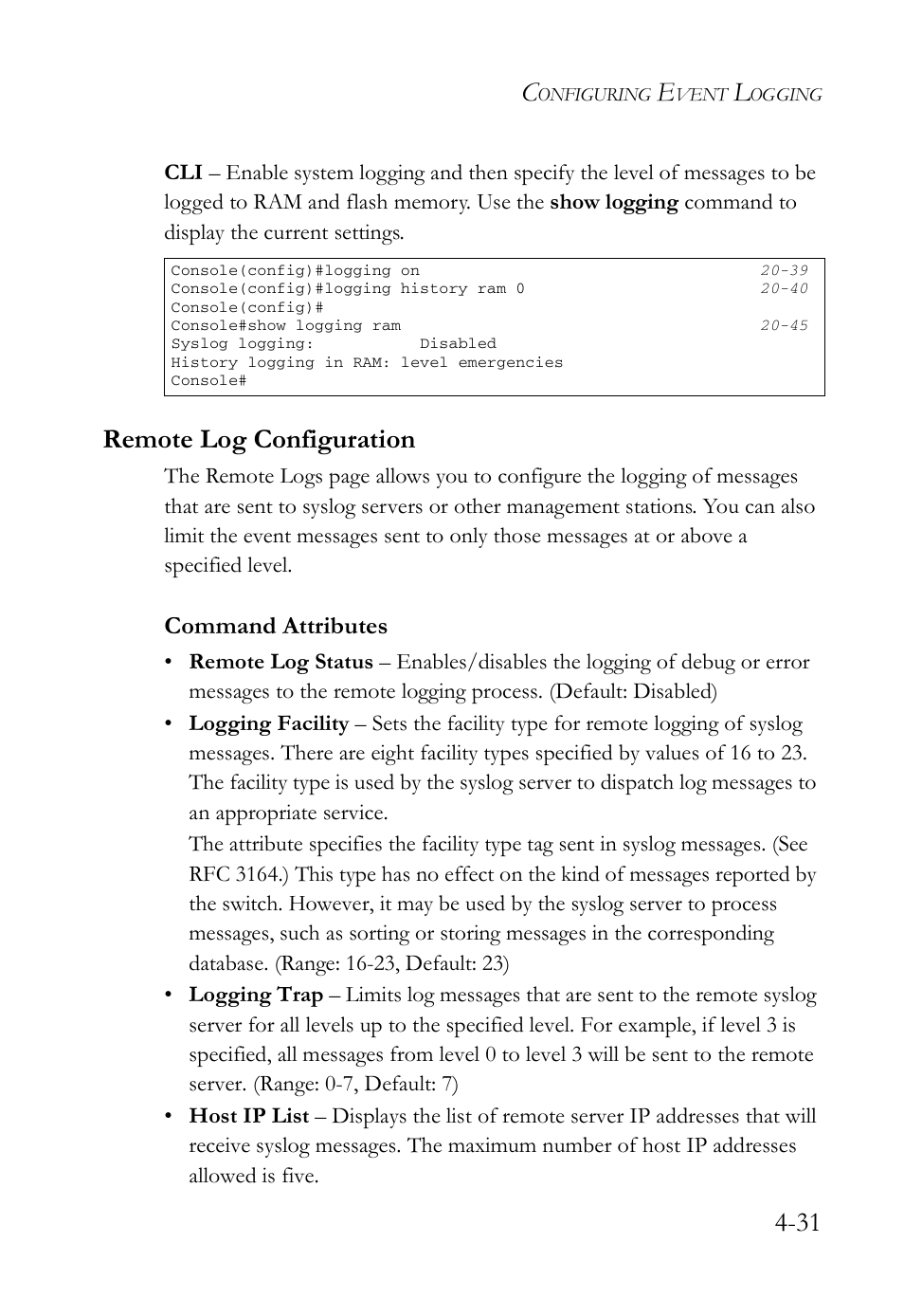 Remote log configuration, Remote log configuration -31, Command attributes | SMC Networks TigerAccess SMC7816M User Manual | Page 113 / 962