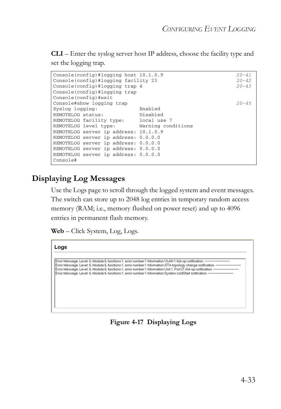 Displaying log messages, Displaying log messages -33, Figure 4-17 displaying logs -33 | SMC Networks TigerAccess SMC7816M User Manual | Page 115 / 962