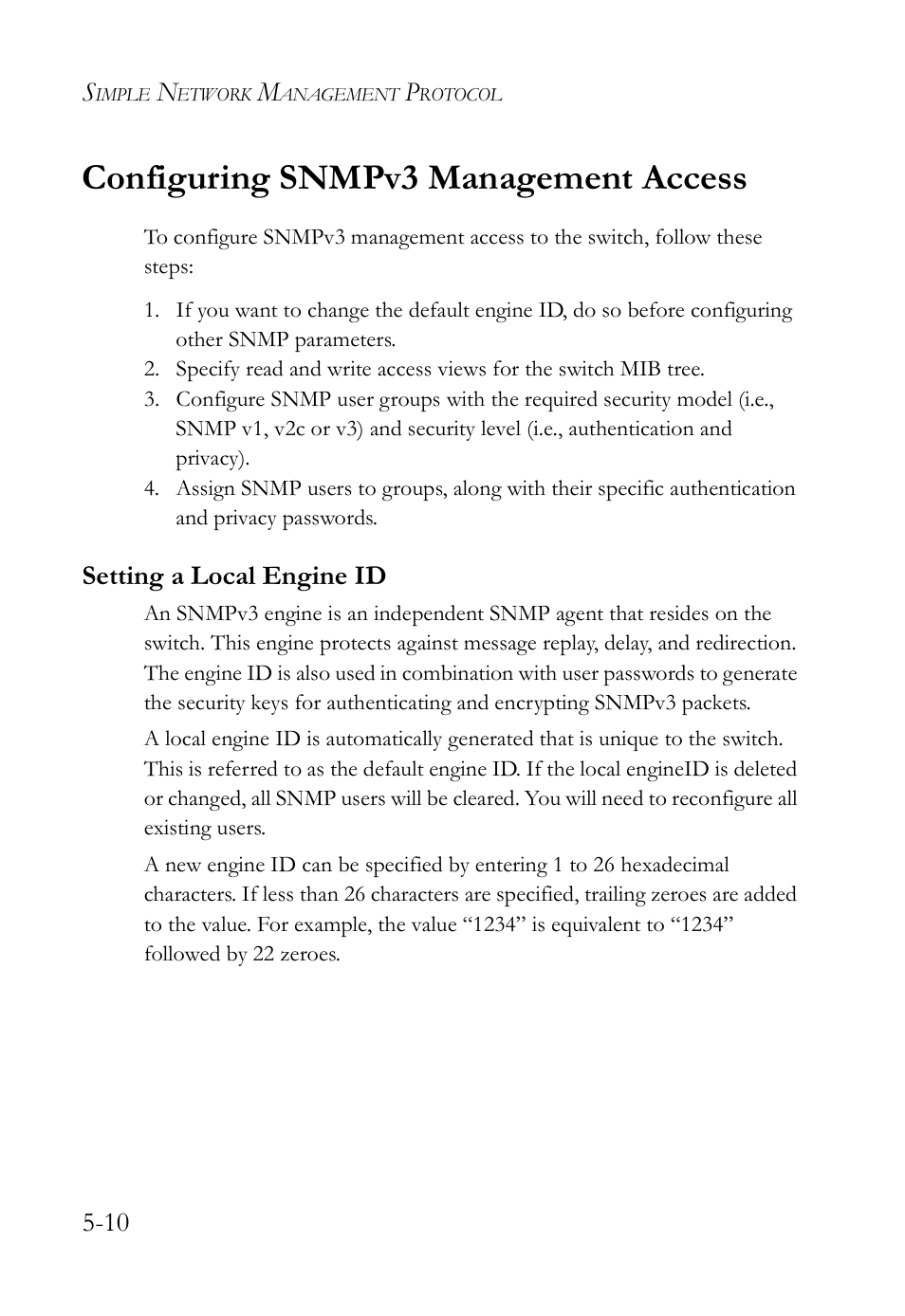 Configuring snmpv3 management access, Setting a local engine id, Configuring snmpv3 management access -10 | Setting a local engine id -10 | SMC Networks TigerAccess SMC7816M User Manual | Page 132 / 962