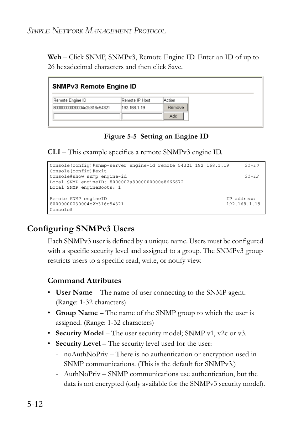 Configuring snmpv3 users, Configuring snmpv3 users -12, Figure 5-5 | Setting an engine id -12, Command attributes | SMC Networks TigerAccess SMC7816M User Manual | Page 134 / 962