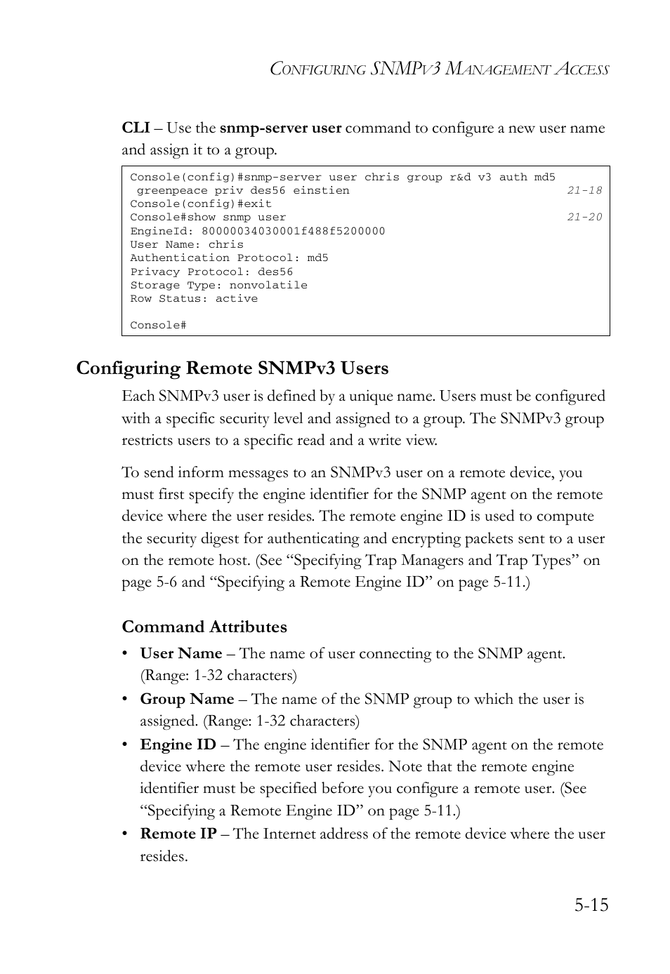 Configuring remote snmpv3 users, Configuring remote snmpv3 users -15, Snmp | Command attributes | SMC Networks TigerAccess SMC7816M User Manual | Page 137 / 962