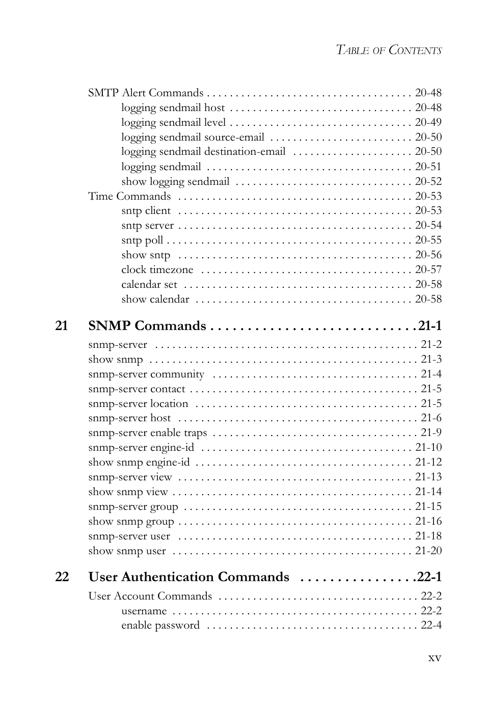 21 snmp commands -1, 22 user authentication commands -1 | SMC Networks TigerAccess SMC7816M User Manual | Page 15 / 962