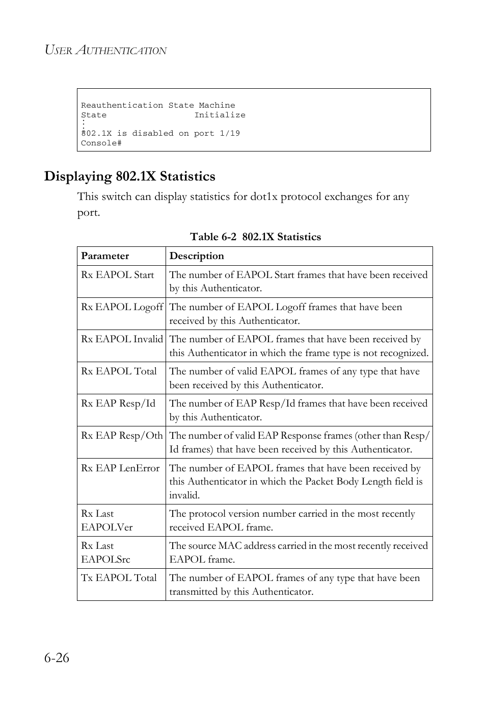 Displaying 802.1x statistics, Displaying 802.1x statistics -26, Table 6-2 | 1x statistics -26 | SMC Networks TigerAccess SMC7816M User Manual | Page 174 / 962