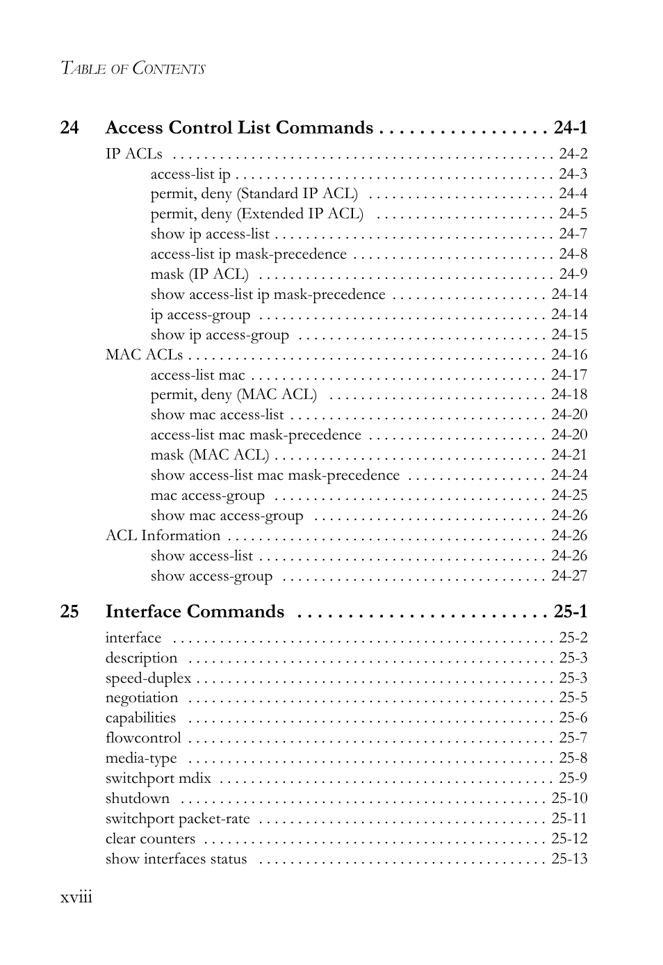 Xviii 24 access control list commands -1, 25 interface commands -1 | SMC Networks TigerAccess SMC7816M User Manual | Page 18 / 962