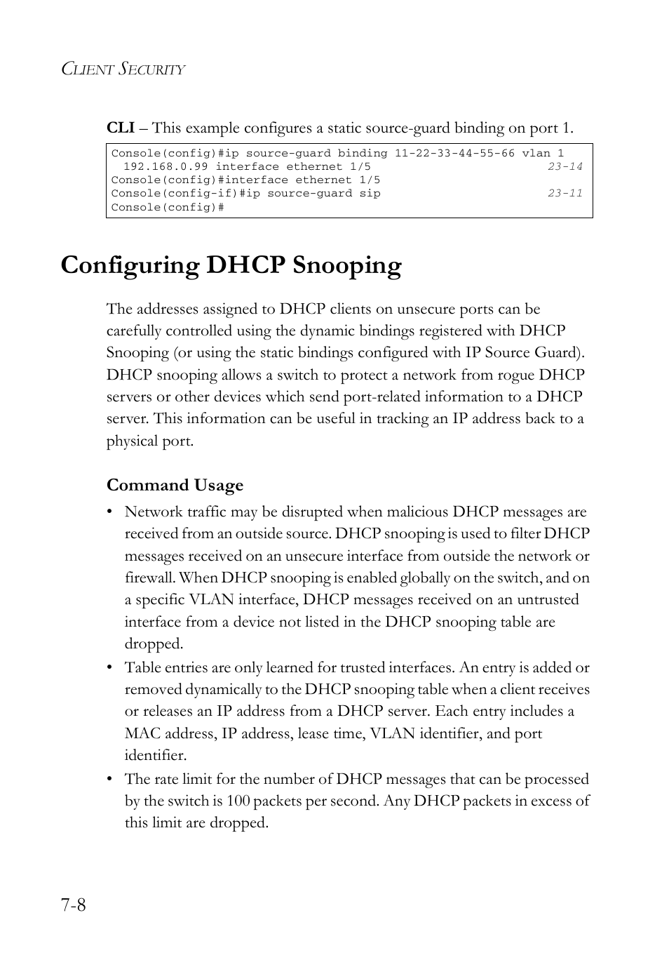 Configuring dhcp snooping, Configuring dhcp snooping -8, Command usage | SMC Networks TigerAccess SMC7816M User Manual | Page 186 / 962