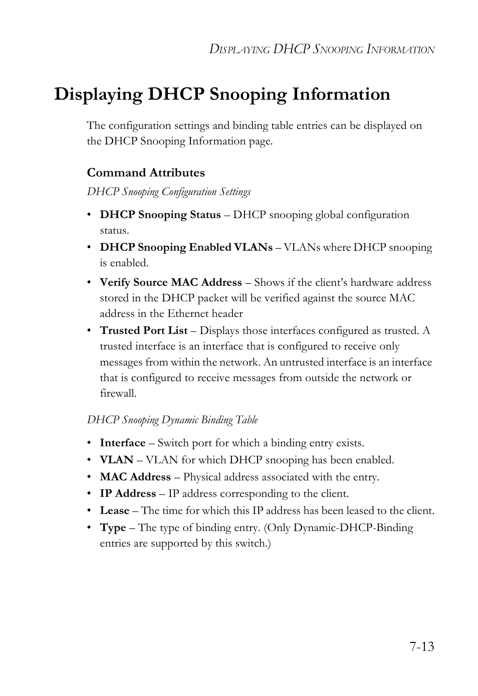 Displaying dhcp snooping information, Displaying dhcp snooping information -13, Dhcp s | SMC Networks TigerAccess SMC7816M User Manual | Page 191 / 962