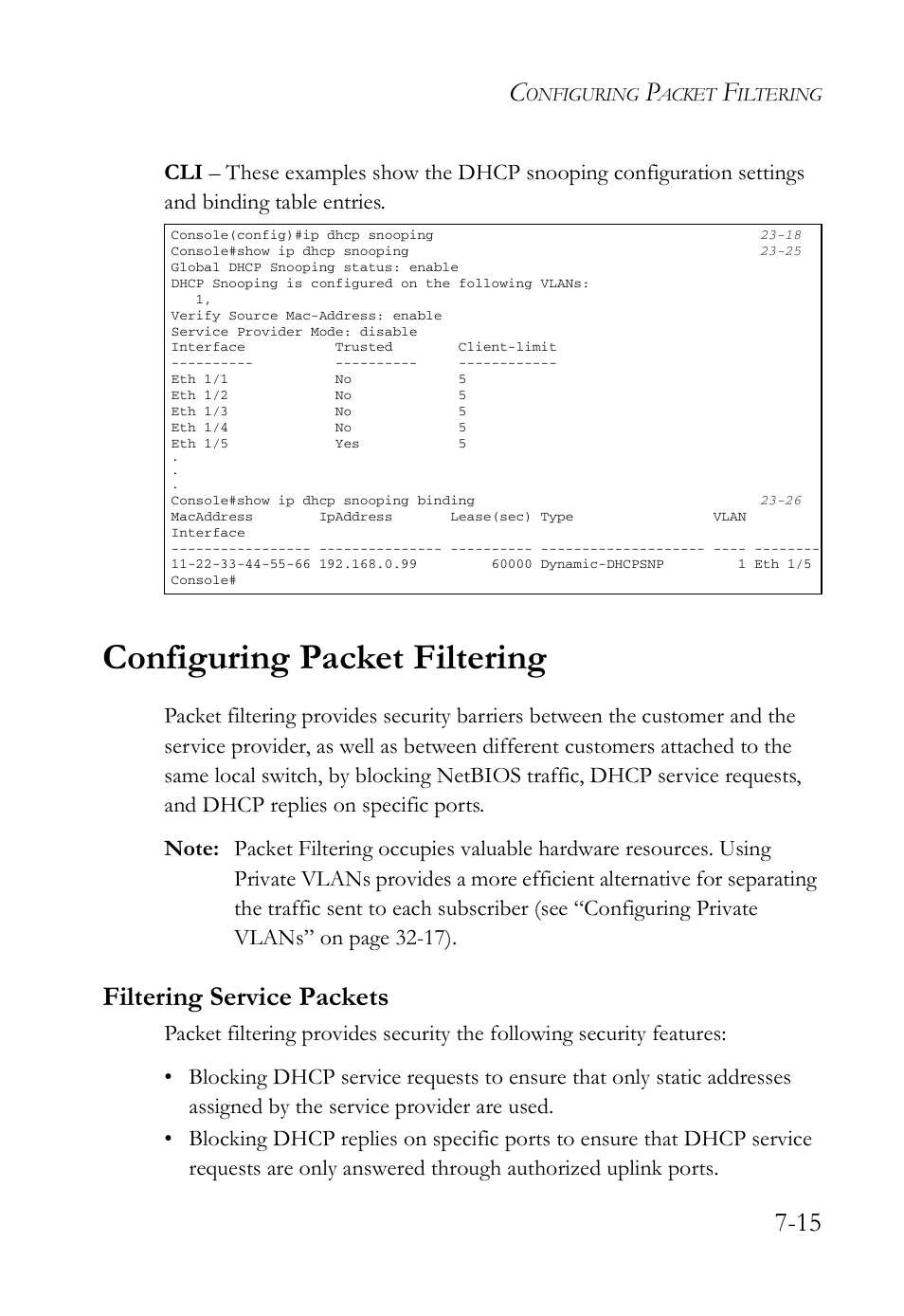 Configuring packet filtering, Filtering service packets, Configuring packet filtering -15 | Filtering service packets -15 | SMC Networks TigerAccess SMC7816M User Manual | Page 193 / 962