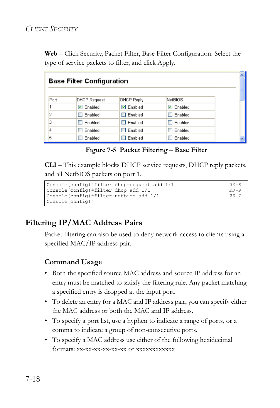 Filtering ip/mac address pairs, Filtering ip/mac address pairs -18, Figure 7-5 | Packet filtering – base filter -18, Command usage | SMC Networks TigerAccess SMC7816M User Manual | Page 196 / 962