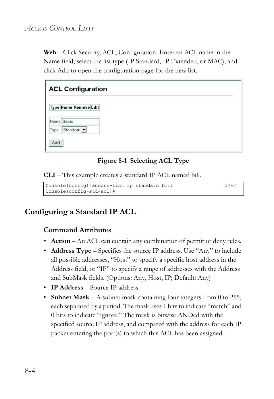 Configuring a standard ip acl, Configuring a standard ip acl -4, Figure 8-1 | Selecting acl type -4 | SMC Networks TigerAccess SMC7816M User Manual | Page 202 / 962