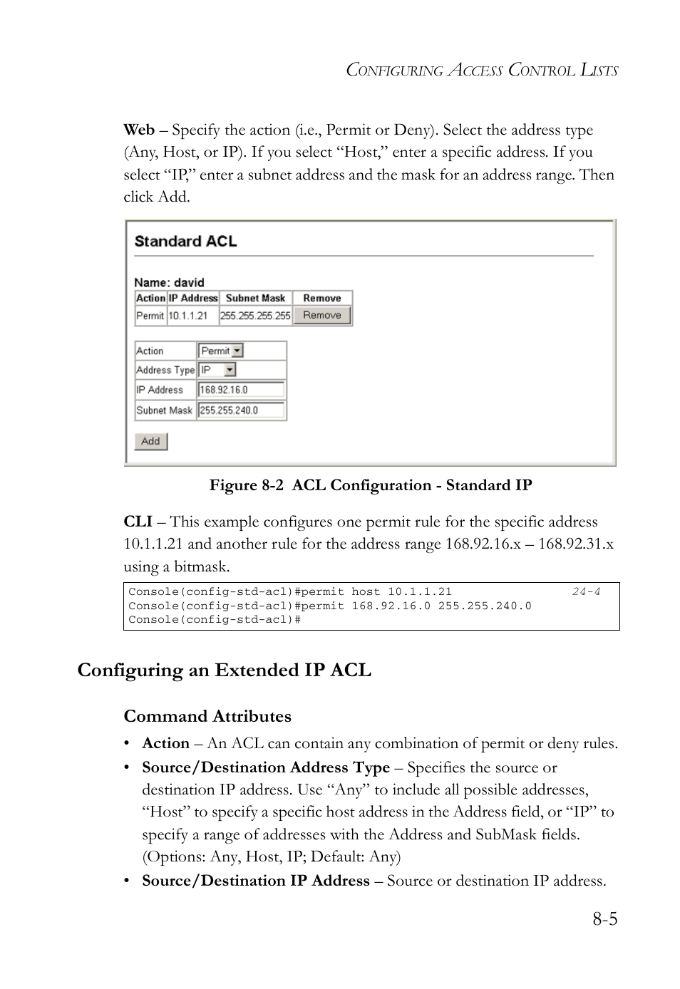 Configuring an extended ip acl, Configuring an extended ip acl -5, Figure 8-2 | Acl configuration - standard ip -5 | SMC Networks TigerAccess SMC7816M User Manual | Page 203 / 962