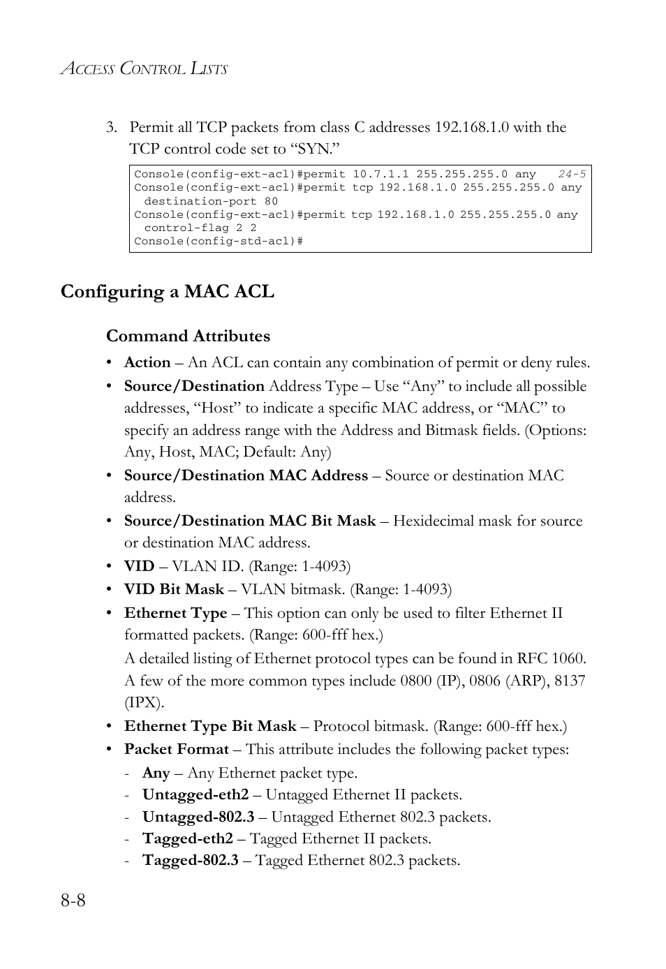 Configuring a mac acl, Configuring a mac acl -8, Command attributes | SMC Networks TigerAccess SMC7816M User Manual | Page 206 / 962