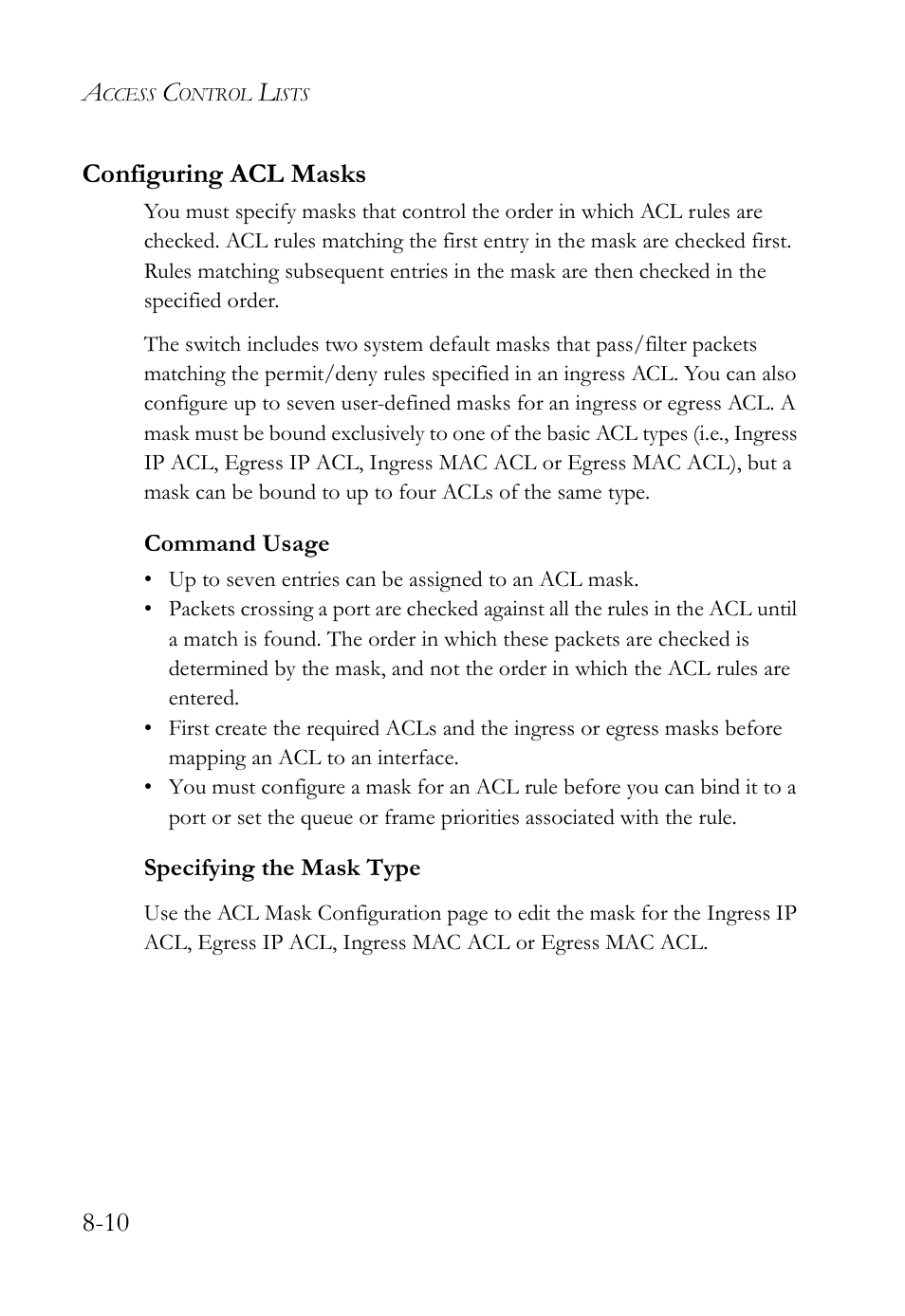 Configuring acl masks, Specifying the mask type, Configuring acl masks -10 | Specifying the mask type -10, 10 configuring acl masks | SMC Networks TigerAccess SMC7816M User Manual | Page 208 / 962
