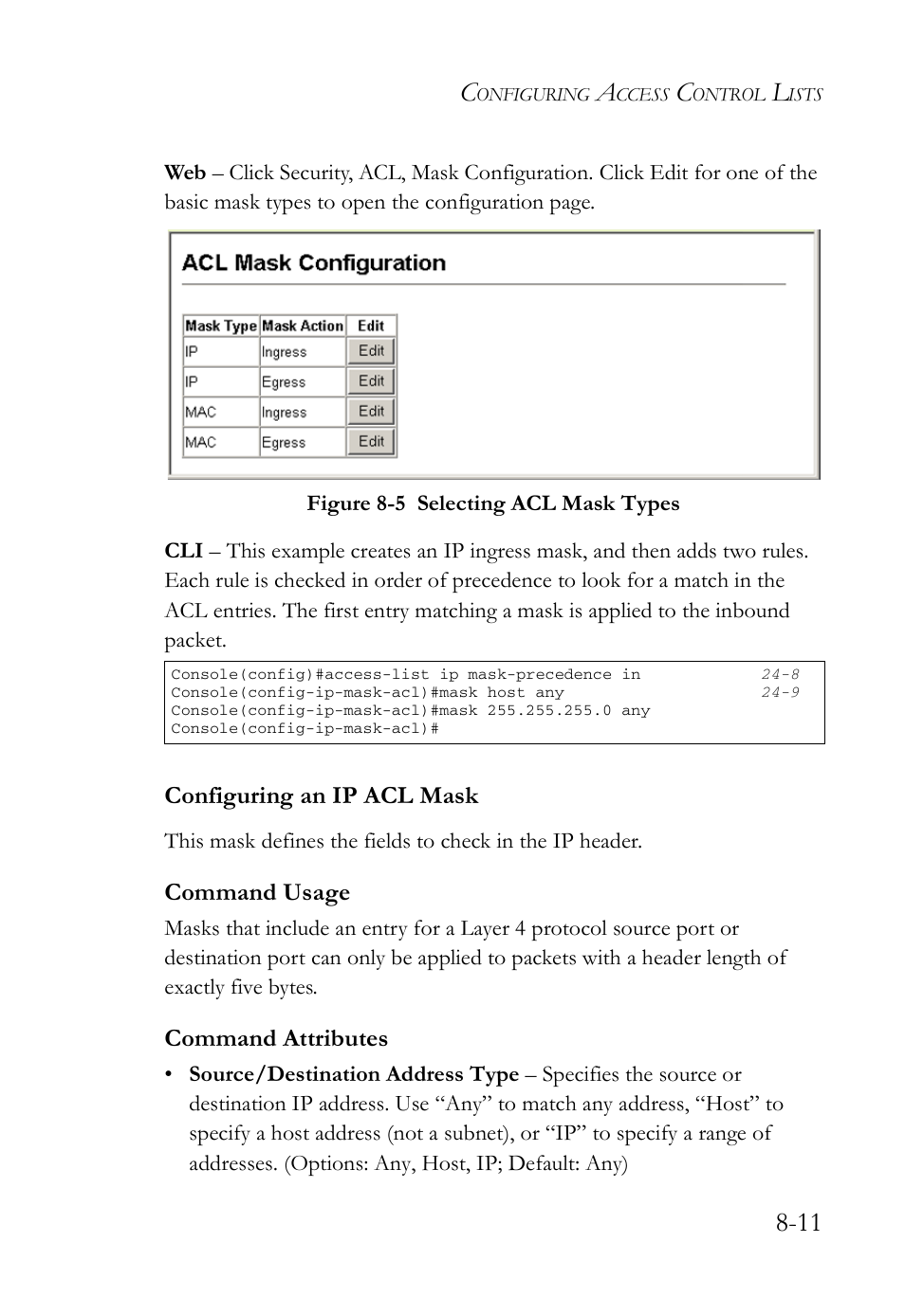 Configuring an ip acl mask, Configuring an ip acl mask -11, Figure 8-5 | Selecting acl mask types -11, Command usage, Command attributes | SMC Networks TigerAccess SMC7816M User Manual | Page 209 / 962