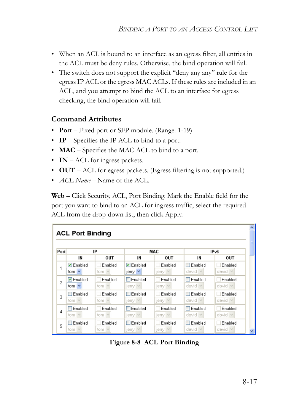 Figure 8-8, Acl port binding -17 | SMC Networks TigerAccess SMC7816M User Manual | Page 215 / 962