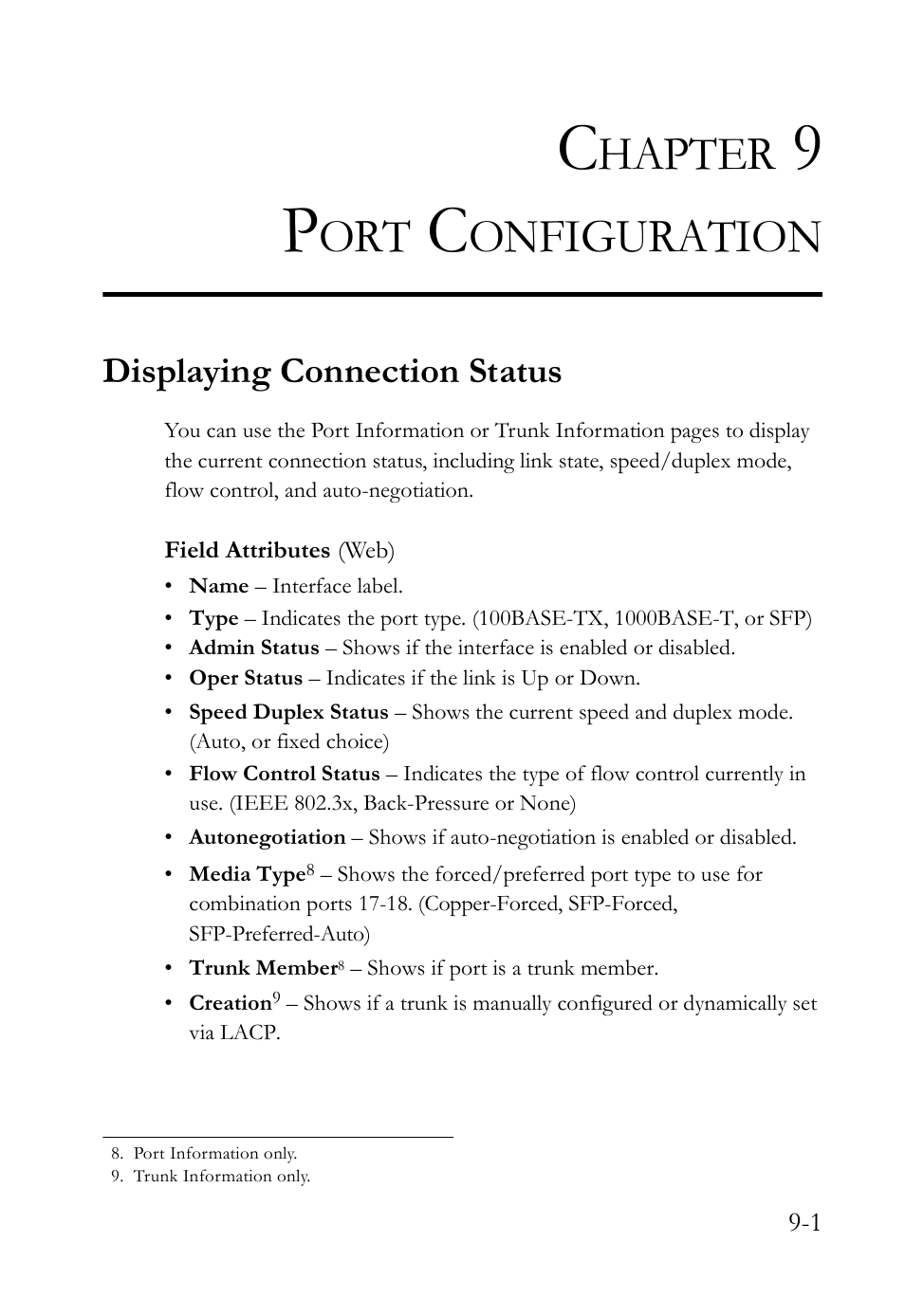 Chapter 9 port configuration, Displaying connection status, Port configuration -1 | Displaying connection status -1, Port configuration, Hapter, Onfiguration | SMC Networks TigerAccess SMC7816M User Manual | Page 217 / 962