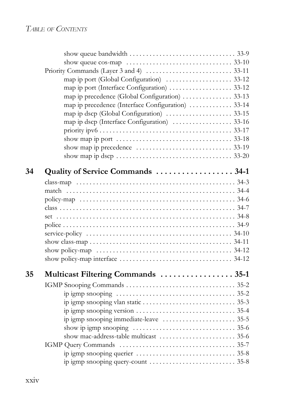 Xxiv, 34 quality of service commands -1, 35 multicast filtering commands -1 | SMC Networks TigerAccess SMC7816M User Manual | Page 24 / 962