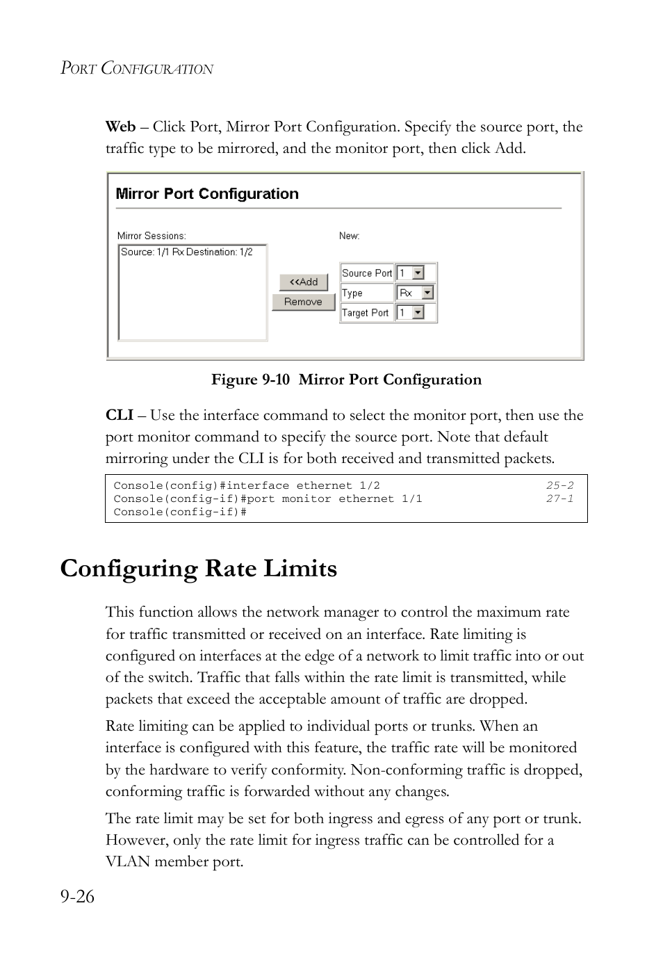 Configuring rate limits, Configuring rate limits -26, Figure 9-10 mirror port configuration -26 | SMC Networks TigerAccess SMC7816M User Manual | Page 242 / 962