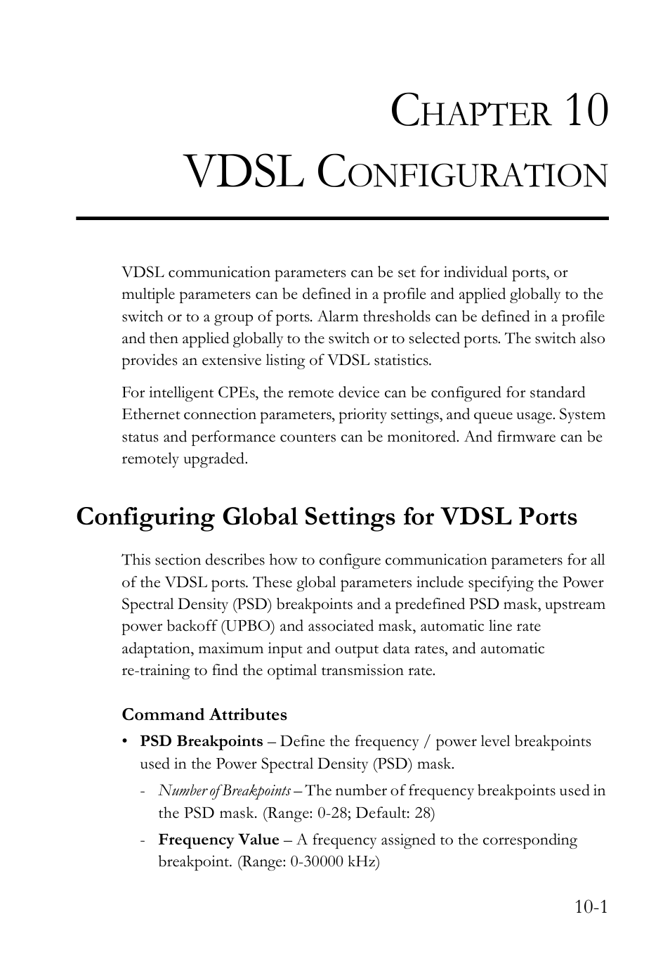 Chapter 10 vdsl configuration, Configuring global settings for vdsl ports, Vdsl configuration -1 | Configuring global settings for vdsl ports -1, Vdsl configuration, 10 vdsl c, Hapter, Onfiguration | SMC Networks TigerAccess SMC7816M User Manual | Page 253 / 962