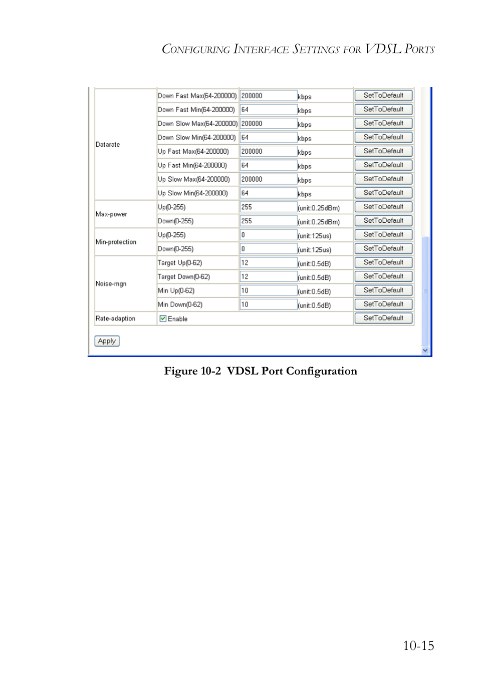 Figure 10-2 vdsl port configuration -15, Vdsl p | SMC Networks TigerAccess SMC7816M User Manual | Page 267 / 962