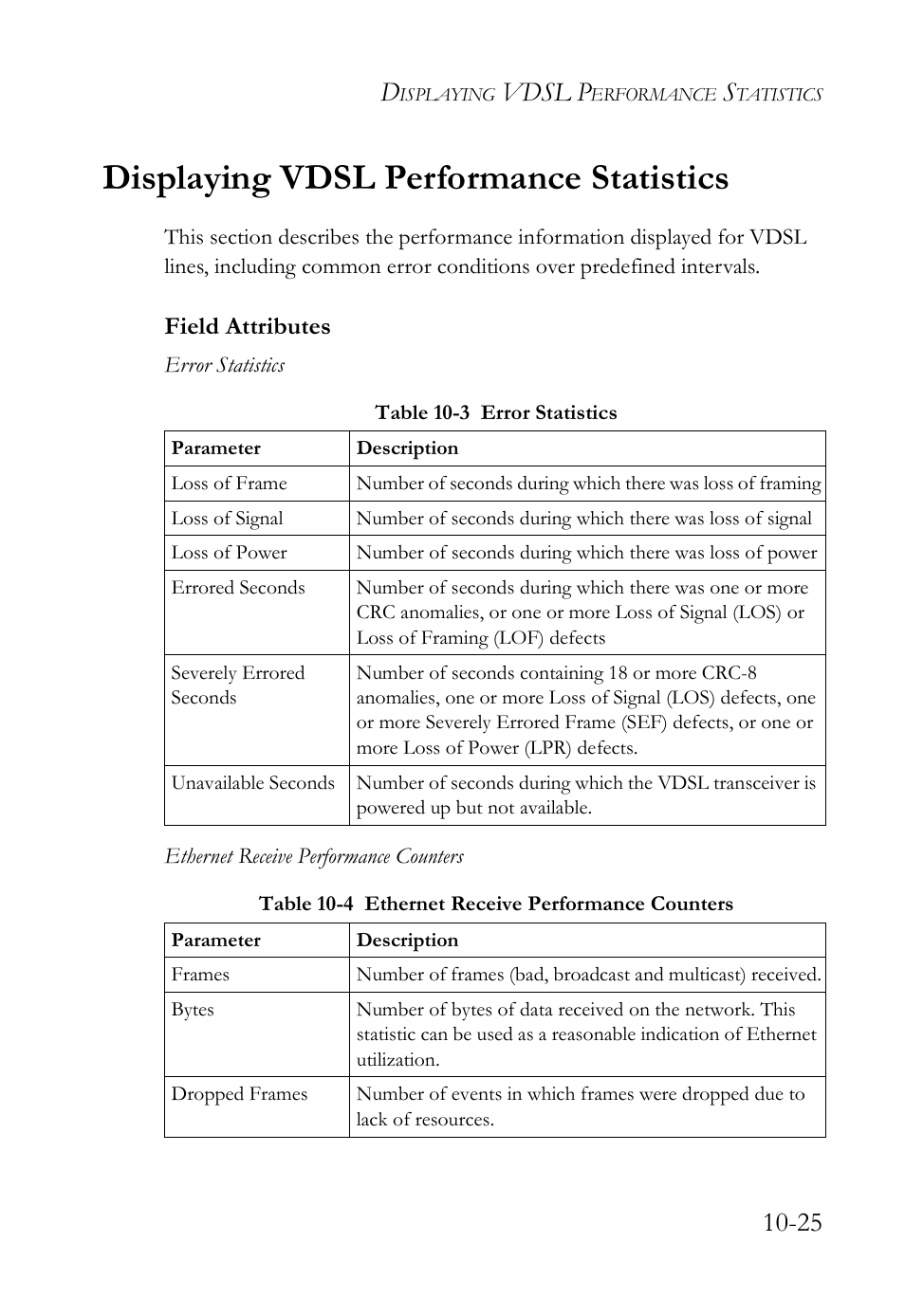 Displaying vdsl performance statistics, Displaying vdsl performance statistics -25, Vdsl p | Field attributes | SMC Networks TigerAccess SMC7816M User Manual | Page 277 / 962