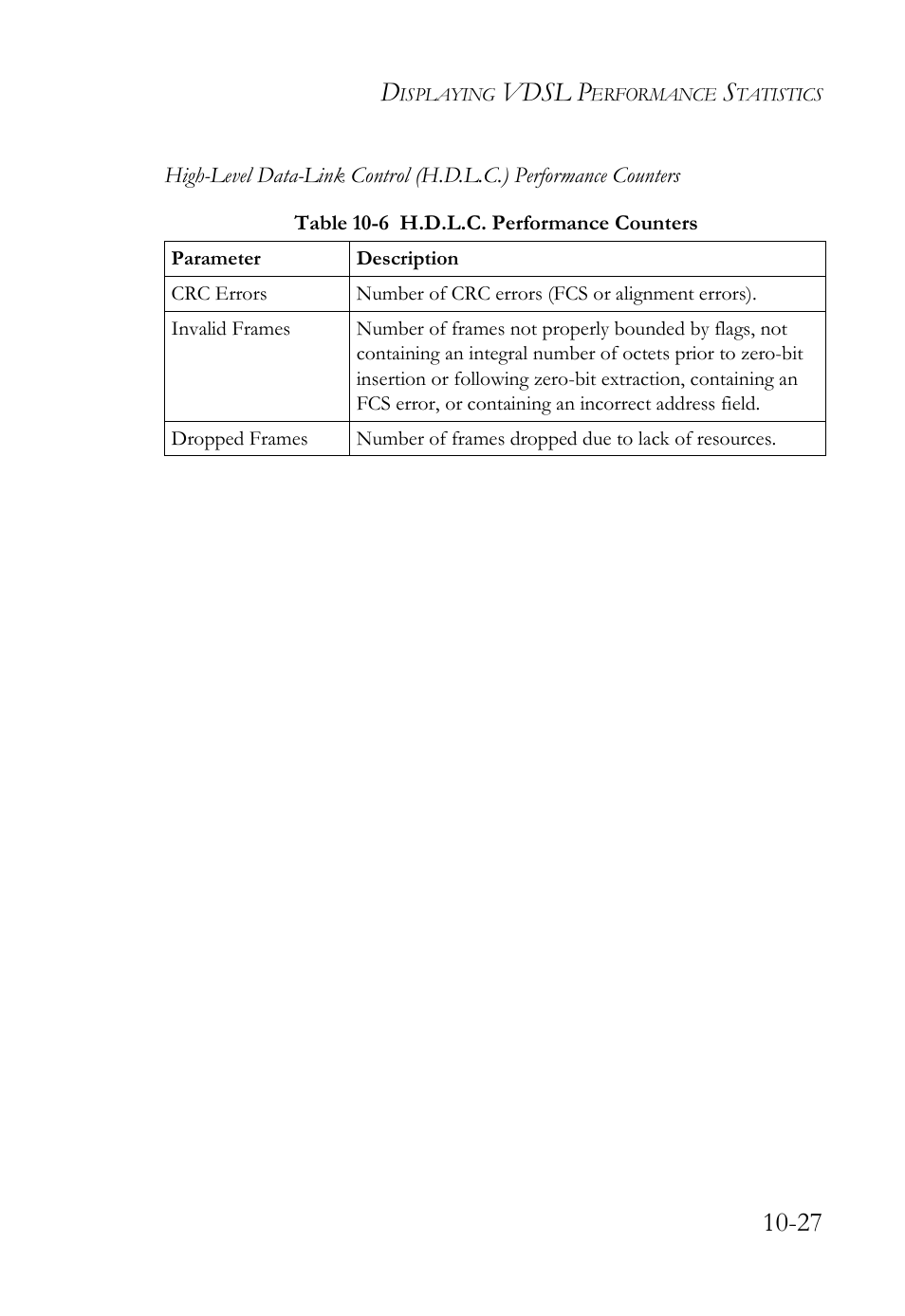 Table 10-6 h.d.l.c. performance counters -27, Vdsl p | SMC Networks TigerAccess SMC7816M User Manual | Page 279 / 962