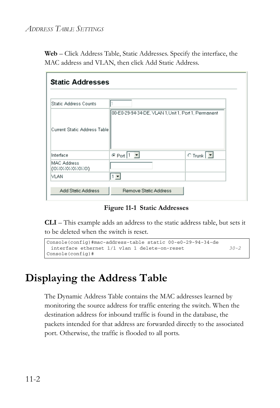 Displaying the address table, Displaying the address table -2, Figure 11-1 static addresses -2 | SMC Networks TigerAccess SMC7816M User Manual | Page 298 / 962