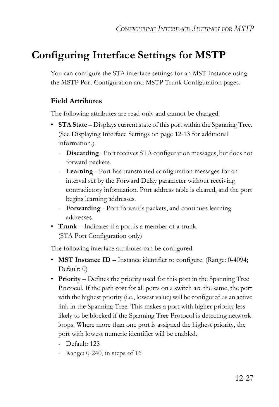 Configuring interface settings for mstp, Configuring interface settings for mstp -27, Mstp 12-27 | SMC Networks TigerAccess SMC7816M User Manual | Page 327 / 962