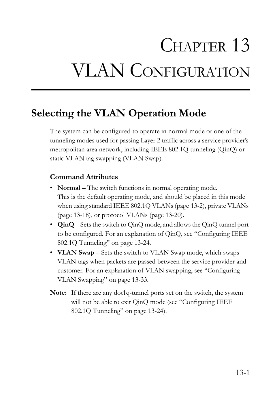 Chapter 13 vlan configuration, Selecting the vlan operation mode, Vlan configuration -1 | Selecting the vlan operation mode -1, Vlan configuration, Chapter 13 “vlan configuration, 13 vlan c, Hapter, Onfiguration | SMC Networks TigerAccess SMC7816M User Manual | Page 331 / 962