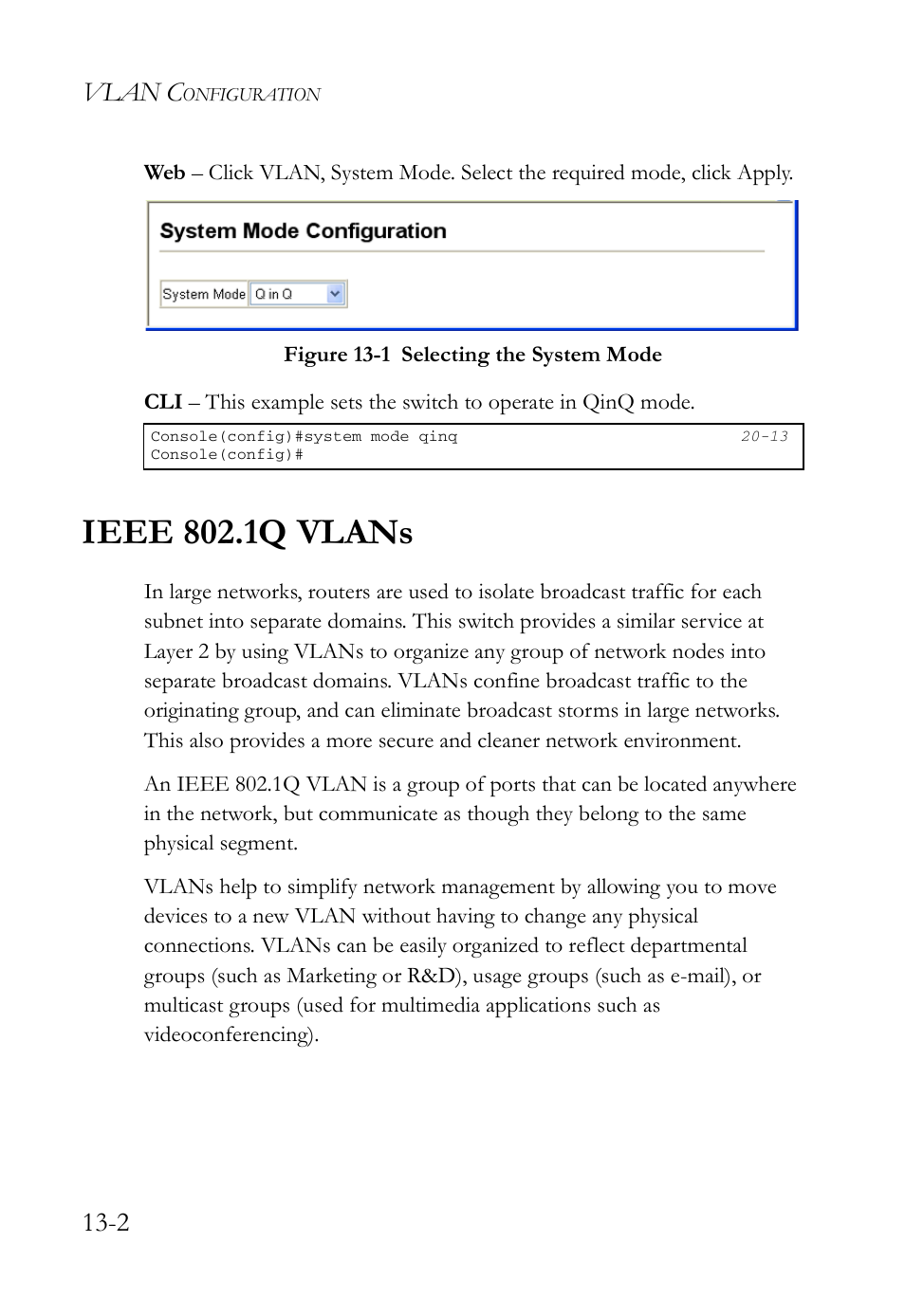 Ieee 802.1q vlans, Ieee 802.1q vlans -2, Figure 13-1 selecting the system mode -2 | Vlan c | SMC Networks TigerAccess SMC7816M User Manual | Page 332 / 962