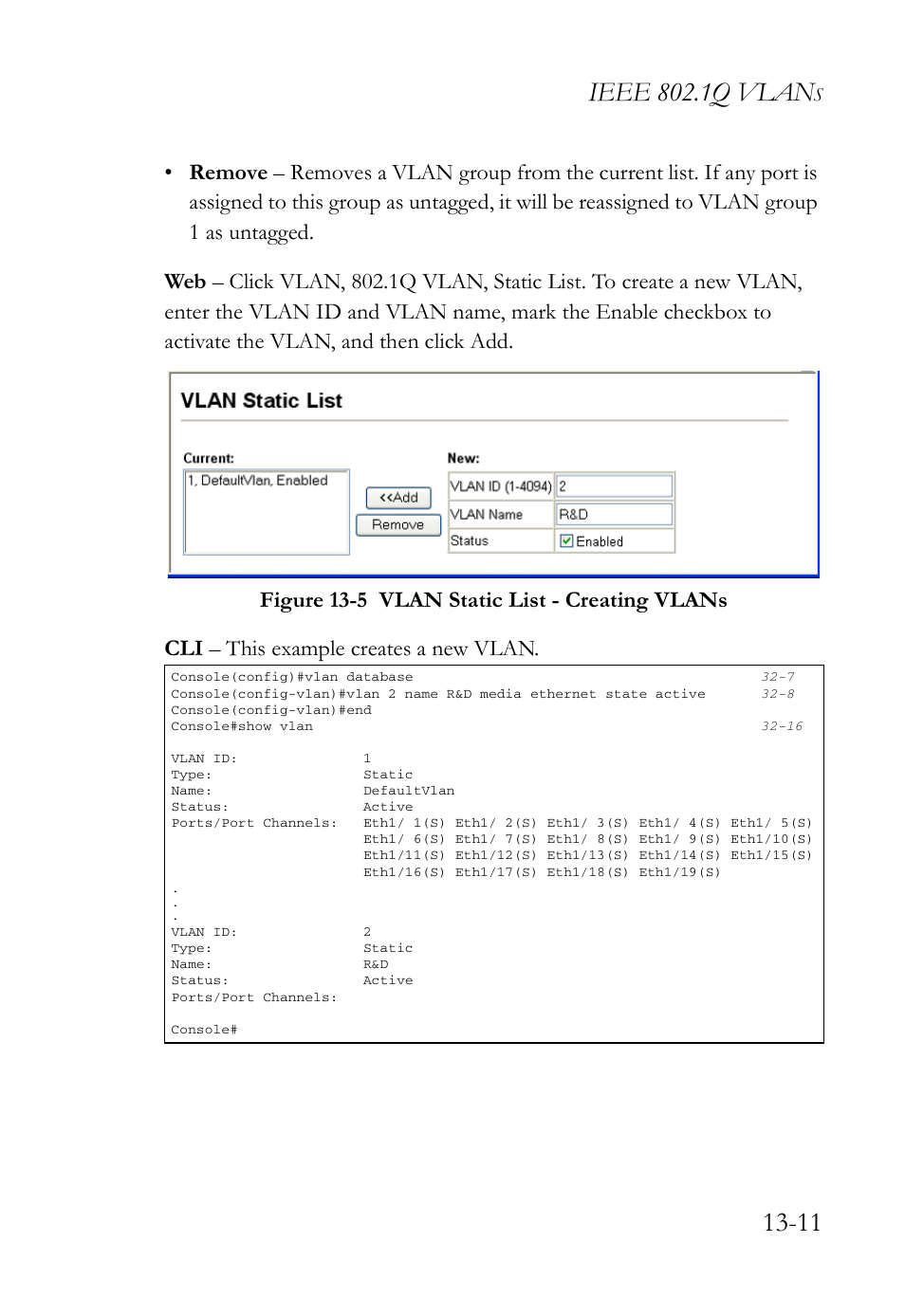 Figure 13-5 vlan static list - creating vlans -11, Ieee 802.1q vlan | SMC Networks TigerAccess SMC7816M User Manual | Page 341 / 962