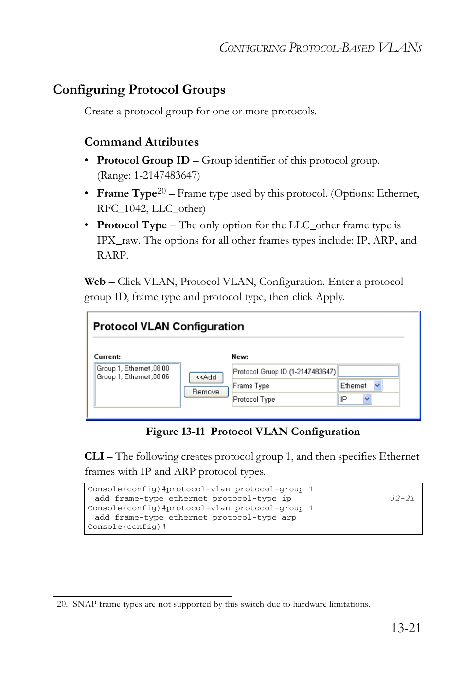 Configuring protocol groups, Configuring protocol groups -21, Figure 13-11 protocol vlan configuration -21 | Vlan, 21 configuring protocol groups, Command attributes | SMC Networks TigerAccess SMC7816M User Manual | Page 351 / 962