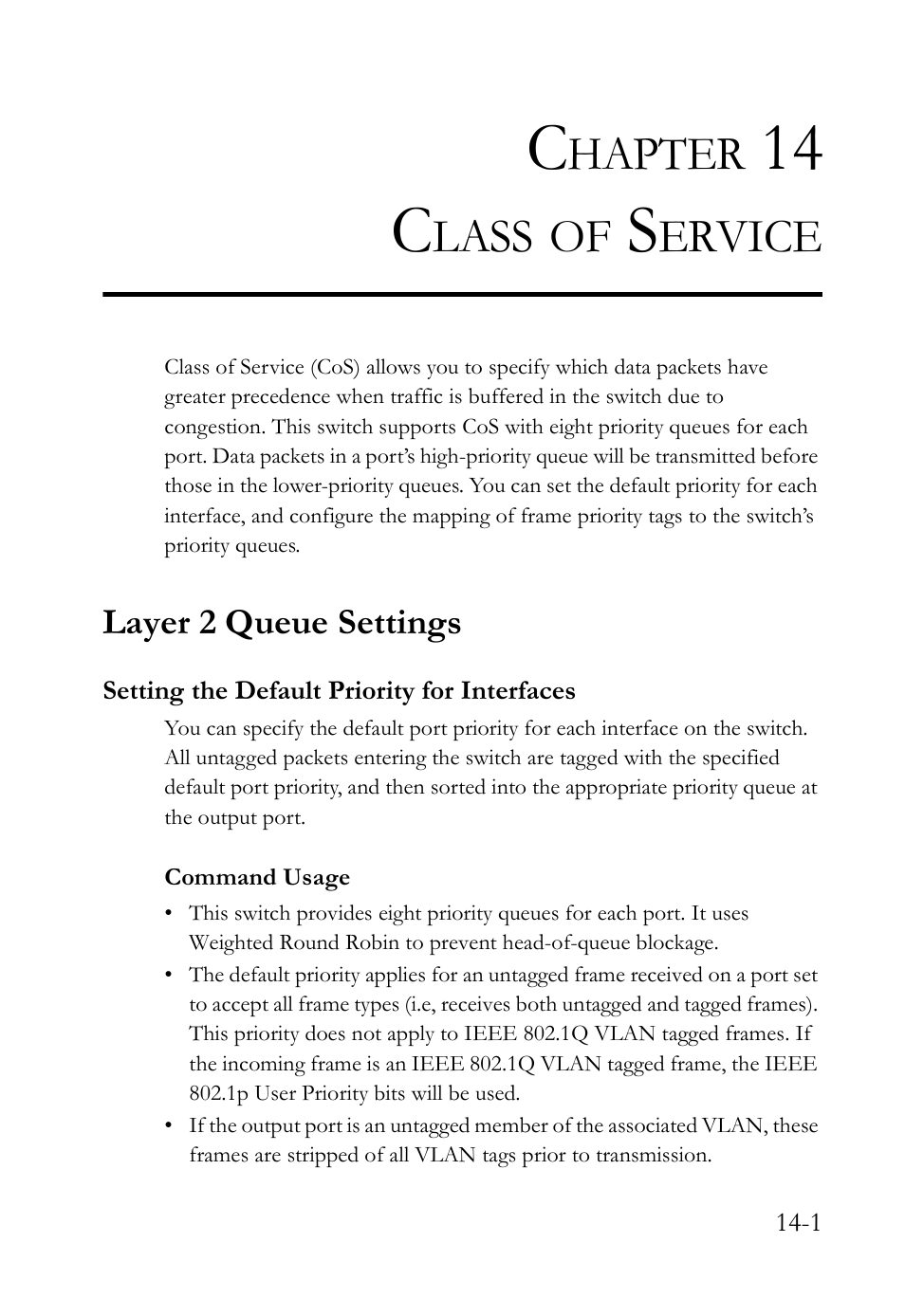 Chapter 14 class of service, Layer 2 queue settings, Setting the default priority for interfaces | Class of service -1, Layer 2 queue settings -1, Setting the default priority for interfaces -1, Class of service, 14 c, Hapter, Lass | SMC Networks TigerAccess SMC7816M User Manual | Page 367 / 962