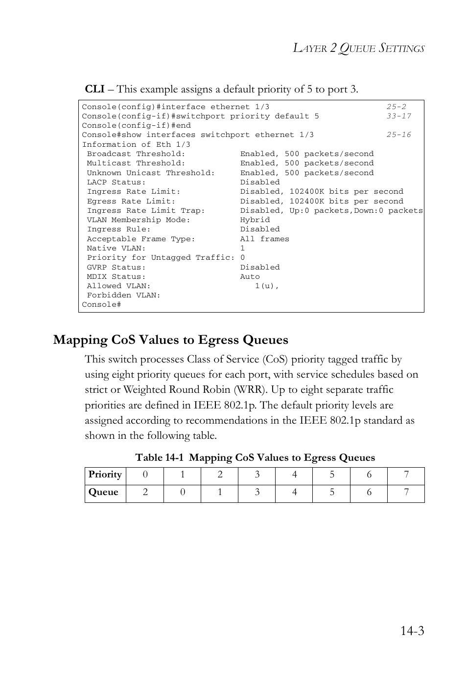 Mapping cos values to egress queues, Mapping cos values to egress queues -3, Table 14-1 mapping cos values to egress queues -3 | SMC Networks TigerAccess SMC7816M User Manual | Page 369 / 962