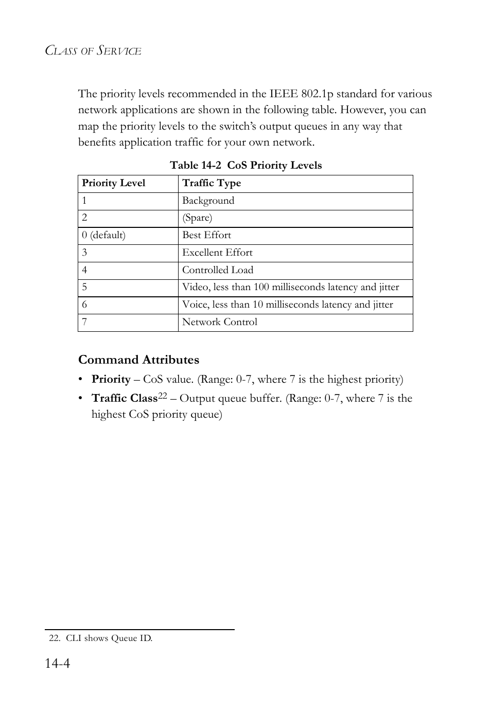 Table 14-2 cos priority levels -4, Command attributes | SMC Networks TigerAccess SMC7816M User Manual | Page 370 / 962