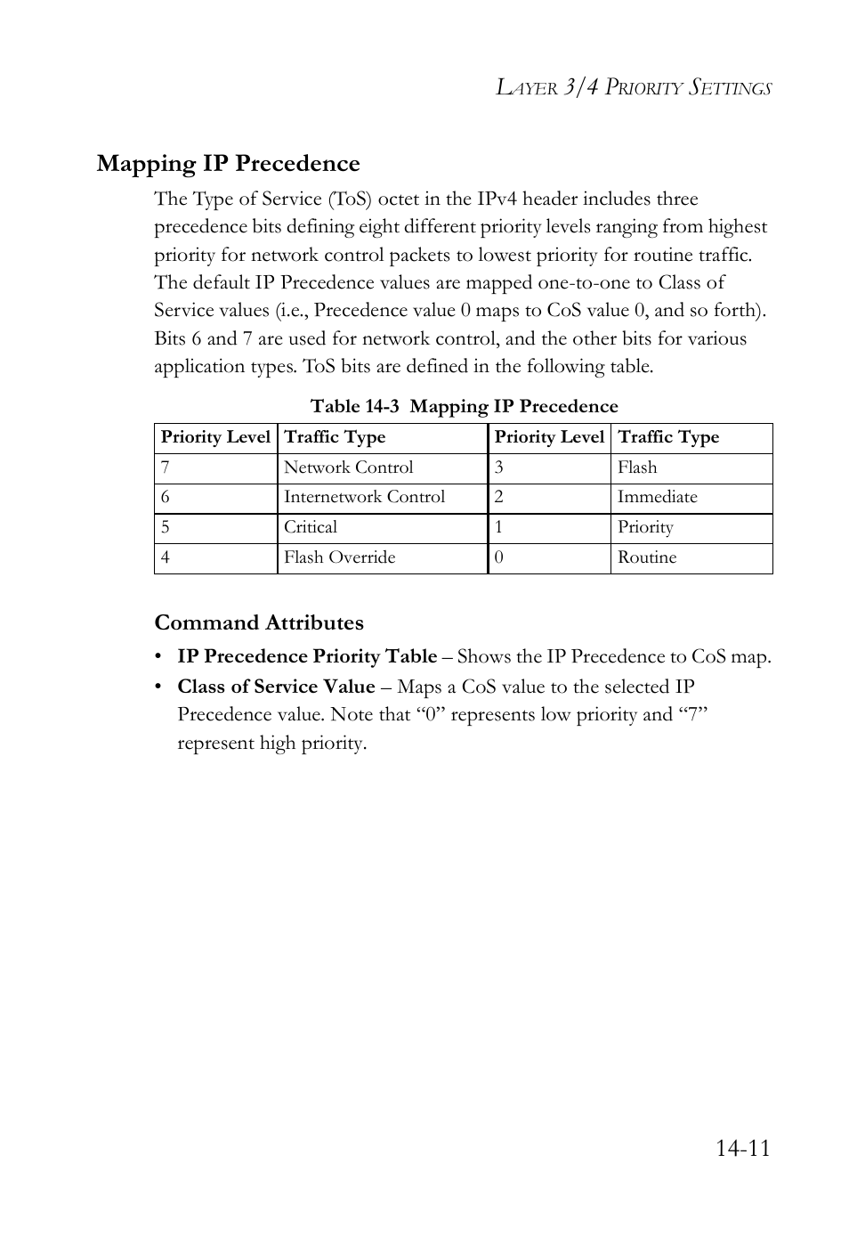 Mapping ip precedence, Mapping ip precedence -11, Table 14-3 mapping ip precedence -11 | 3/4 p, 11 mapping ip precedence, Command attributes | SMC Networks TigerAccess SMC7816M User Manual | Page 377 / 962