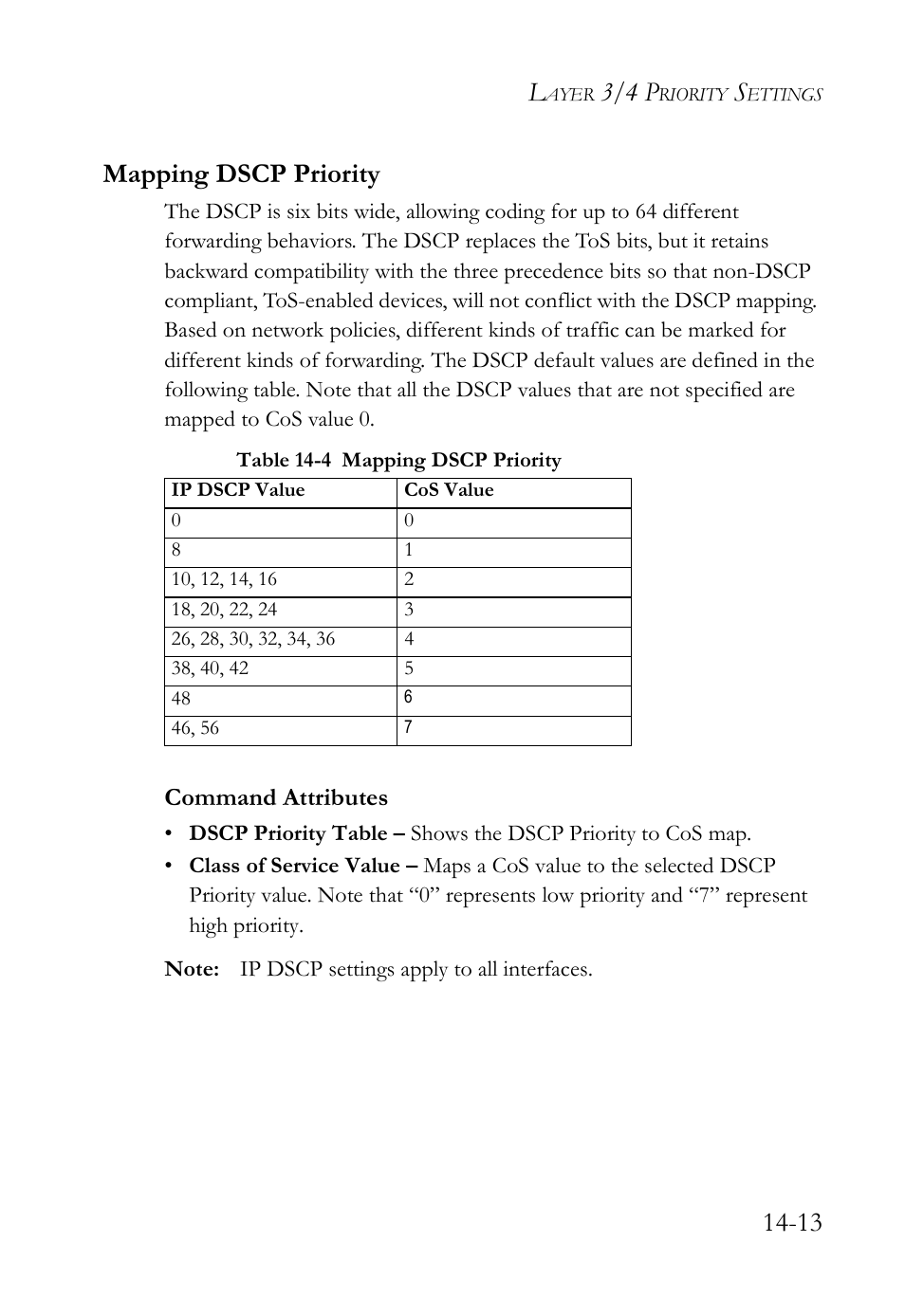 Mapping dscp priority, Mapping dscp priority -13, Table 14-4 mapping dscp priority -13 | 3/4 p, 13 mapping dscp priority, Command attributes | SMC Networks TigerAccess SMC7816M User Manual | Page 379 / 962