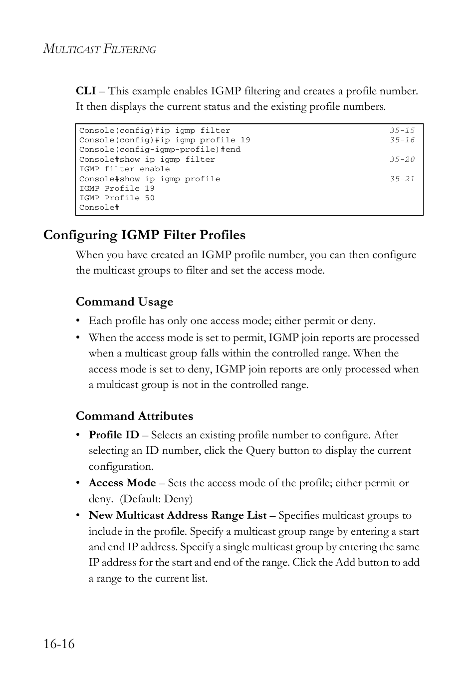 Configuring igmp filter profiles, Configuring igmp filter profiles -16, Command usage | Command attributes | SMC Networks TigerAccess SMC7816M User Manual | Page 412 / 962