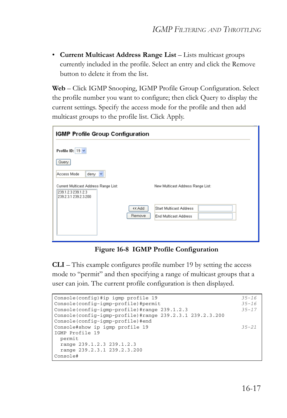 Figure 16-8 igmp profile configuration -17, Igmp f | SMC Networks TigerAccess SMC7816M User Manual | Page 413 / 962